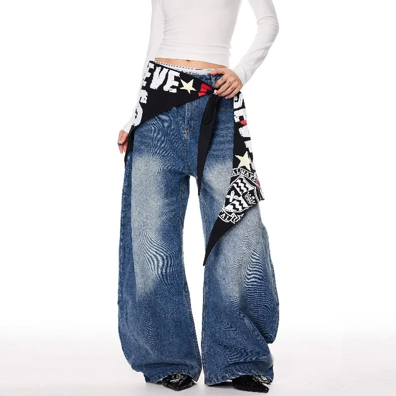 กระโปรงพลีททรงหลวมสำหรับผู้หญิง ฤดูใบไม้ร่วง ฤดูหนาว กางเกงยีนส์ทรงทหาร ทรงไบค์เกอร์ แฟชั่นขาบาน ขอบคม ทรงแจ๊ส ชุดทำงาน เต้นรำ สไตล์เรโทร