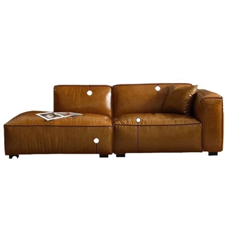 

Nordic medieval retro oil wax leather cowhide square special-shaped small apartment living room corner tofu block leather sofa