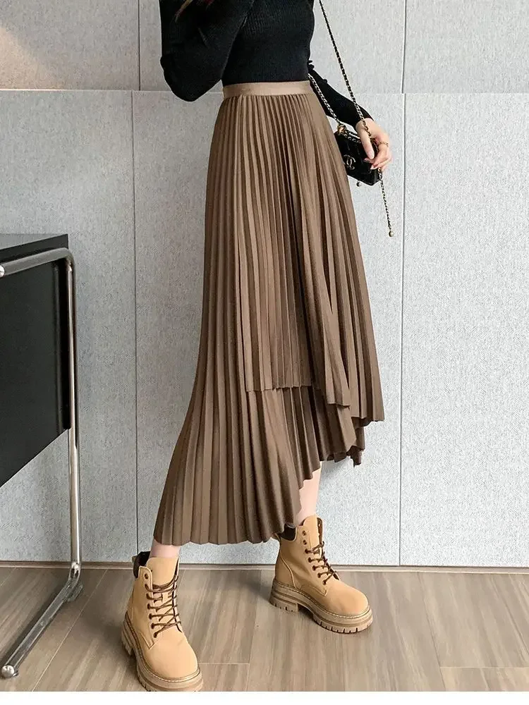 Goth Black Mid-length Skirt Women High Waist Pleated Skirt Asymmetric Slim Fit Vintage A-line Korean Fashion Women's Clothing