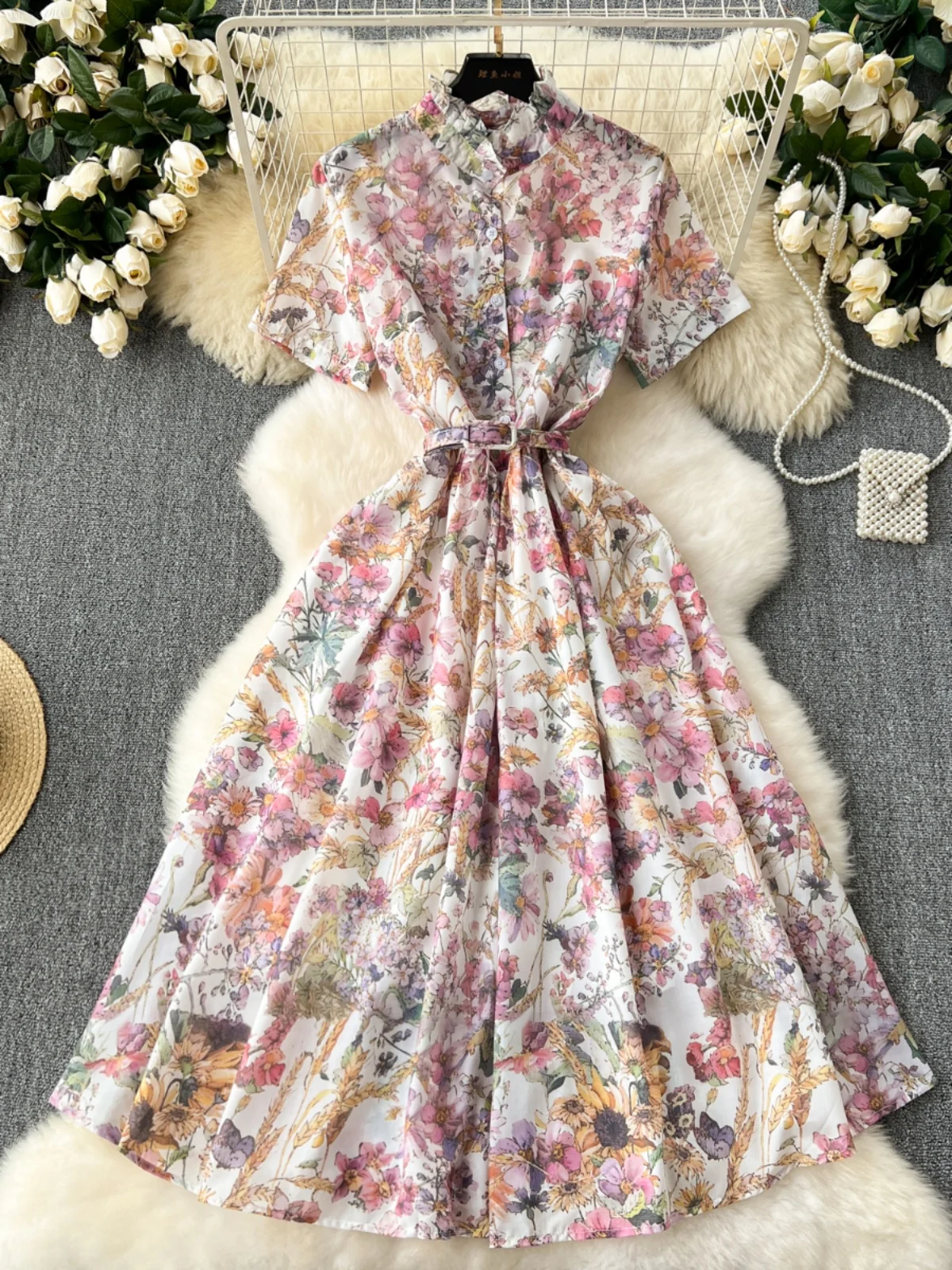

Ele Retro Floral Print A-Line Dr Women's High Waist ort Sve Stand Collar Button Detail Slim Fit Midi Dr