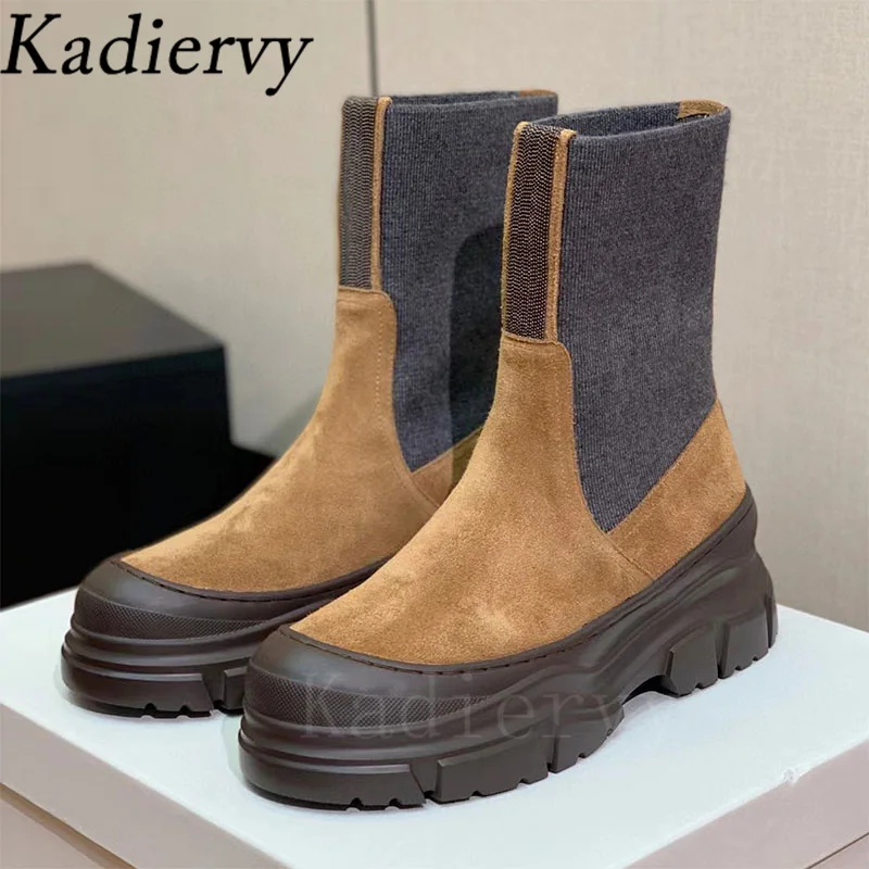 Thick Sole Motorcycle Boots Women Round Toe Slip-on String Bead Flat Platform Shoes Women Cow Suede Patchwork Short Boots Woman