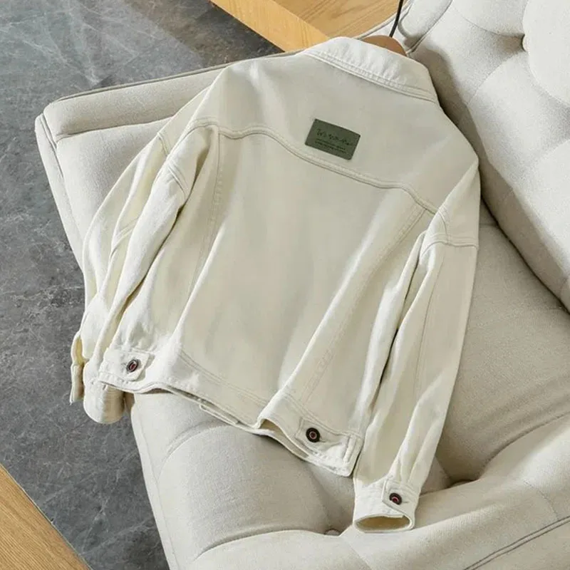 Chaqueta vaquera de color blanco leche para mujer, ropa de calle Cargo, abrigo informal con bolsillos, Tops con botones y cuello vuelto, moda de otoño