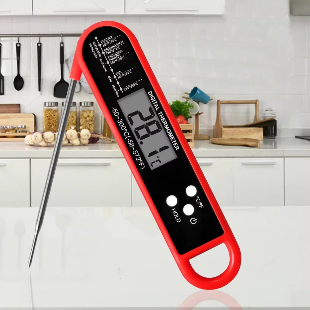 1 termómetro digital dobrável para carne, com sonda, para cozinhar, churrascos, fornos e frituras, com desligamento automático e visor LCD.