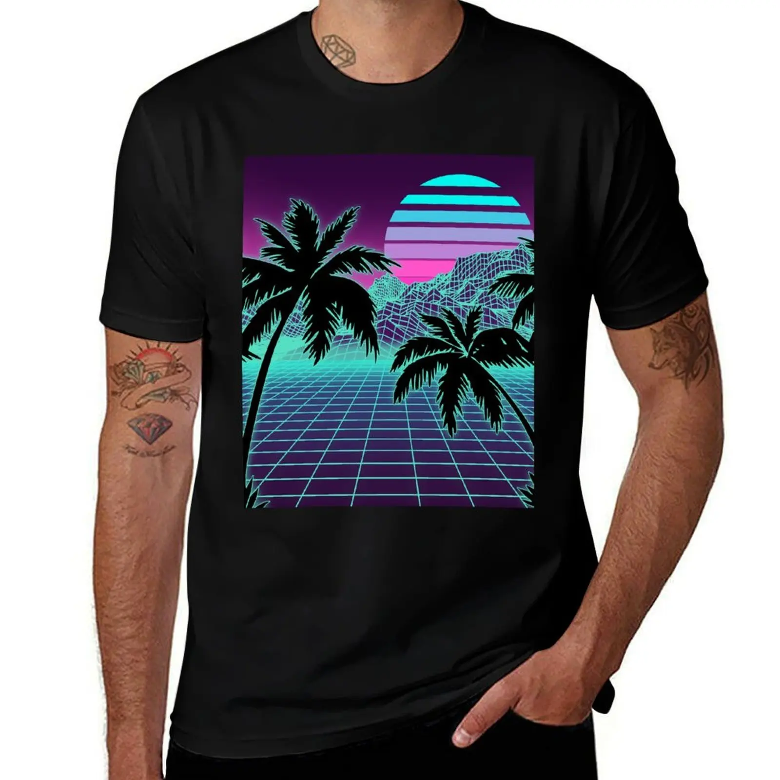 

Retro 80s Vaporwave Sunset Sunrise With Outrun style grid print T-Shirt t shirt personalised t shirt for man T-Shirt