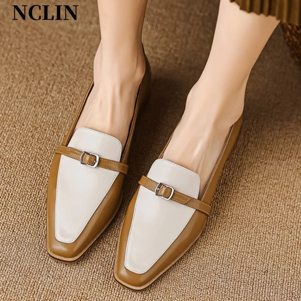 NCLIN New Arrival Women Pumps Mixed Colors Genuine Leather Thick Heels Shoes Woman Office Ladies Spring Autumn Vintage Concise