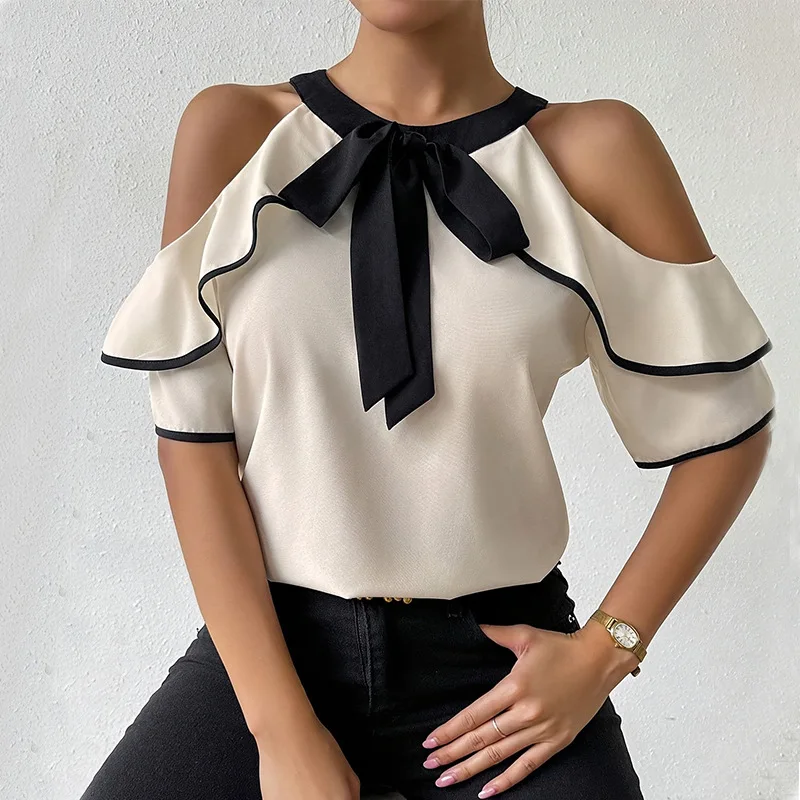 

Women Blouse Elegant Round Neck Bow Strap Patchwork Shirt New Stylish Off Shoulder Double Ruffled Short Sleeve Pullovers Shirts