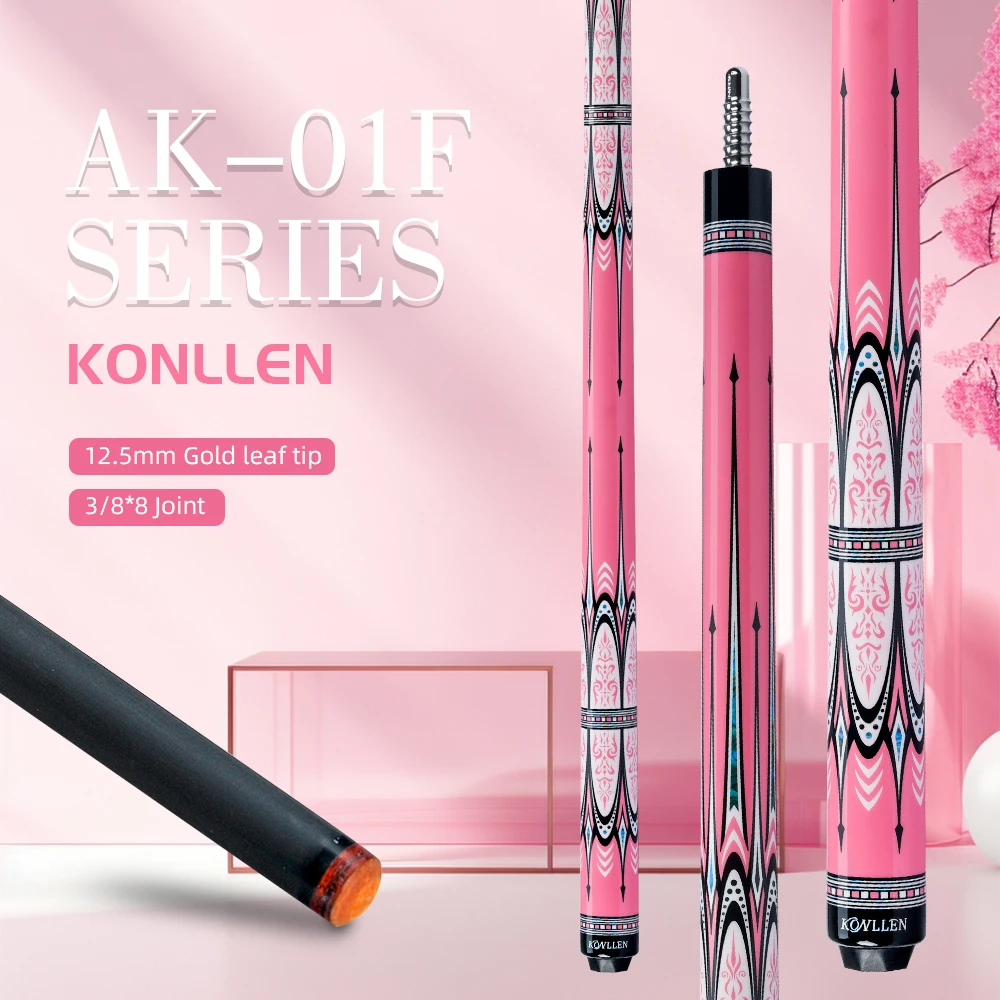 

KONLLEN AK01F Бильярдный кий из углеродного волокна с наконечником 12,5 мм с низким дефектом и розовым прикладом, подходит для женщин для бильярдного кия