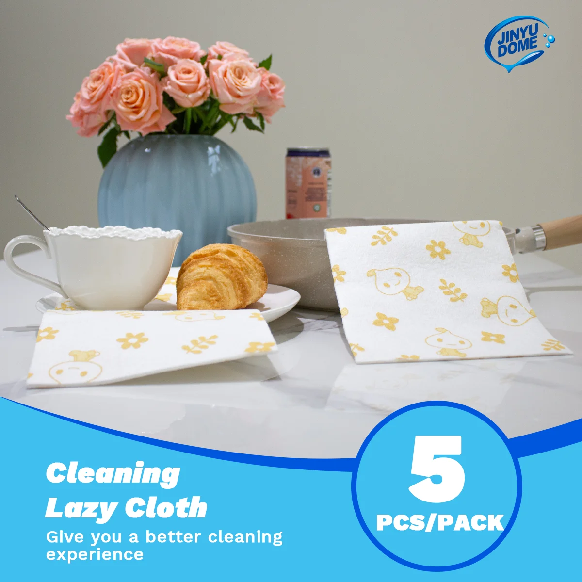 JINYUDOME 5Pc Disposable Cleaning Cloth Reusable Bamboo Fiber Print Towel Antibacterial Rag For Kitchen Dish Cloth Cleaning Tool