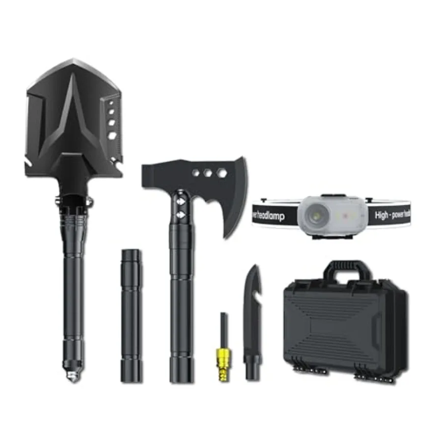 

Camping Hiking Folding Shovel Axe Set: High Carbon Steel Black Adjustable 19.2-37.8 Inch Handle Multi-Tool with Headlamp Tactic