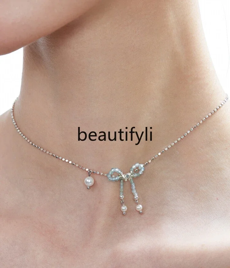 Mint Sea Series Original Bow Pearl Sterling Silver Necklace Super Flash Natural Crystal Clavicle Chain Summer