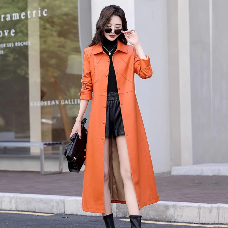 New Women Long Leather Coat Spring Autumn Fashion Turn-down Collar Single Breasted Slim Trench Coat Split Leather Overcoat