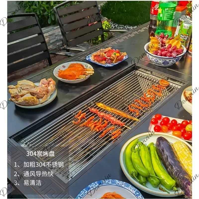 BPOI Cast Aluminum Outdoor Dining Set 6-8 Seater Table Chairs BBQ Grill Patio Garden Restaurant Hotel Villa Furniture