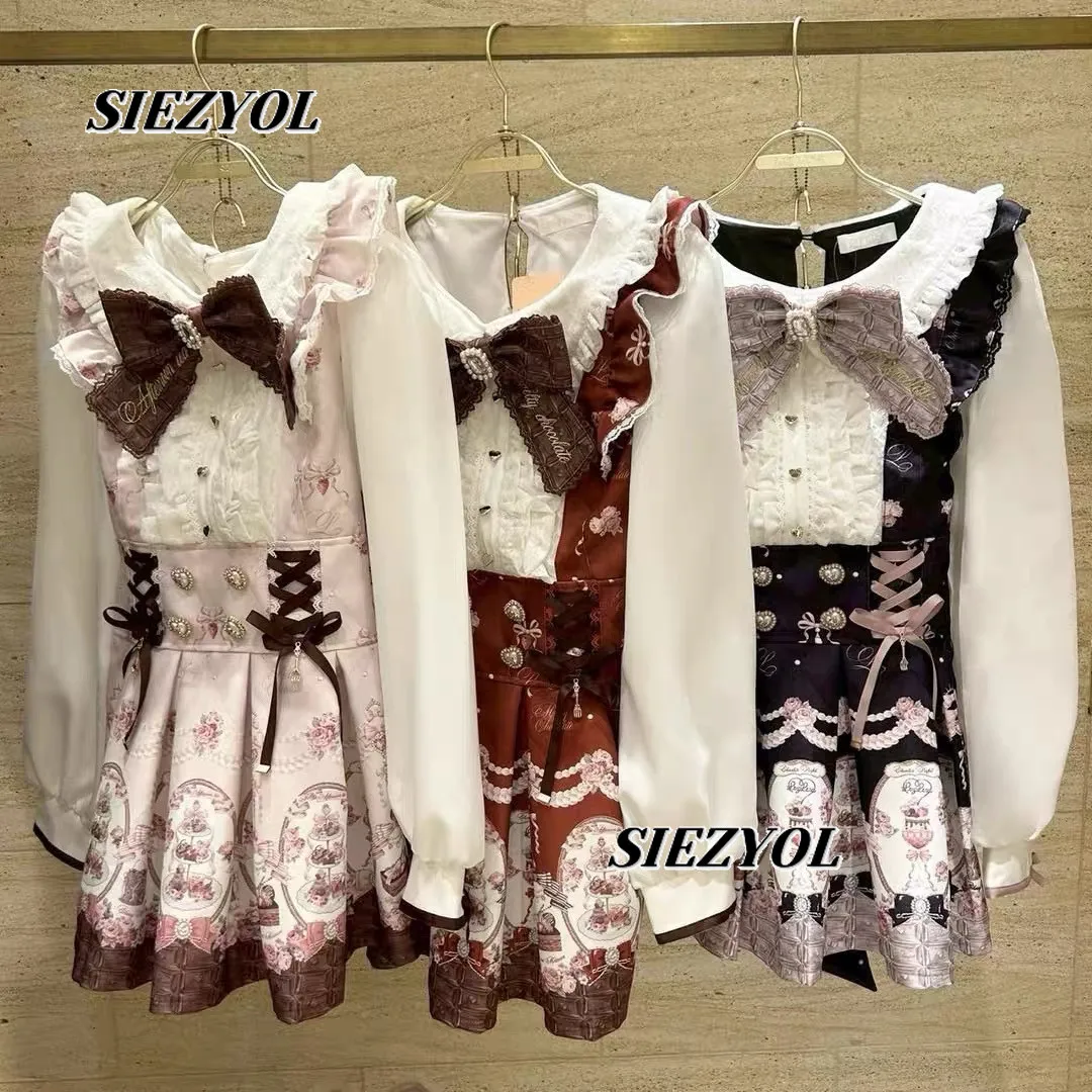 

Liz Japanese Style Dress Skirt Set Sweet Girl 2026 New Bowknot Printed Long Sleeve Dresses and Base Skirt Two-piece Outfits