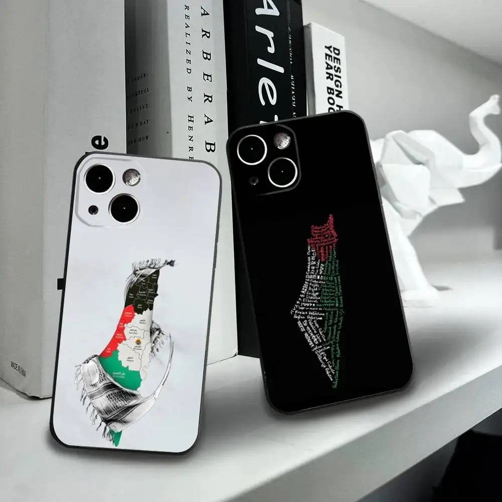 

ART-P-Palestine-es-F-Flag MAP Phone Case For iPhone16,15,14,13,12 Mini 11 Pro XR,X,XS,MAX 7,8 Plus Silicone Cover Soft Black