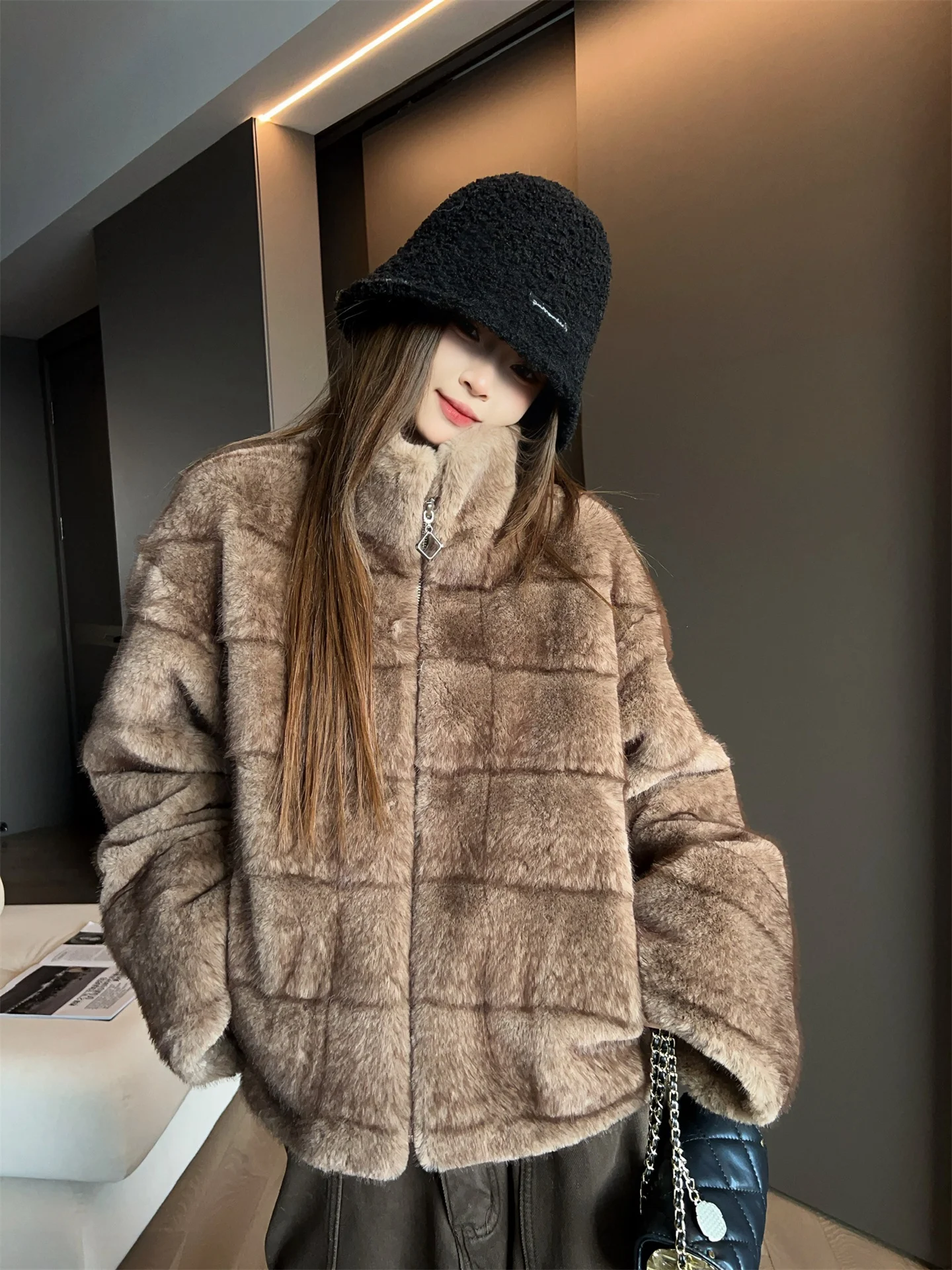 Retro Plu Outerwear Women's Loose Fur And Leather Inteated  Simple Sle Long Sve Zipper Closure  Color