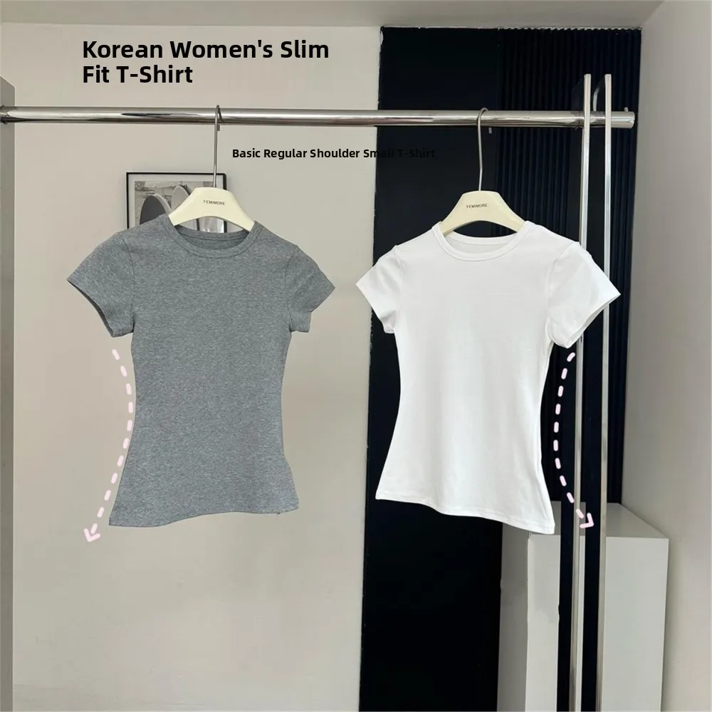 Slim Fit Korean Style Short Sleeve T-Shirt Pure Color Basic Shirt Shoulder Width Regular Cotton Youth Fashion Spring Summer