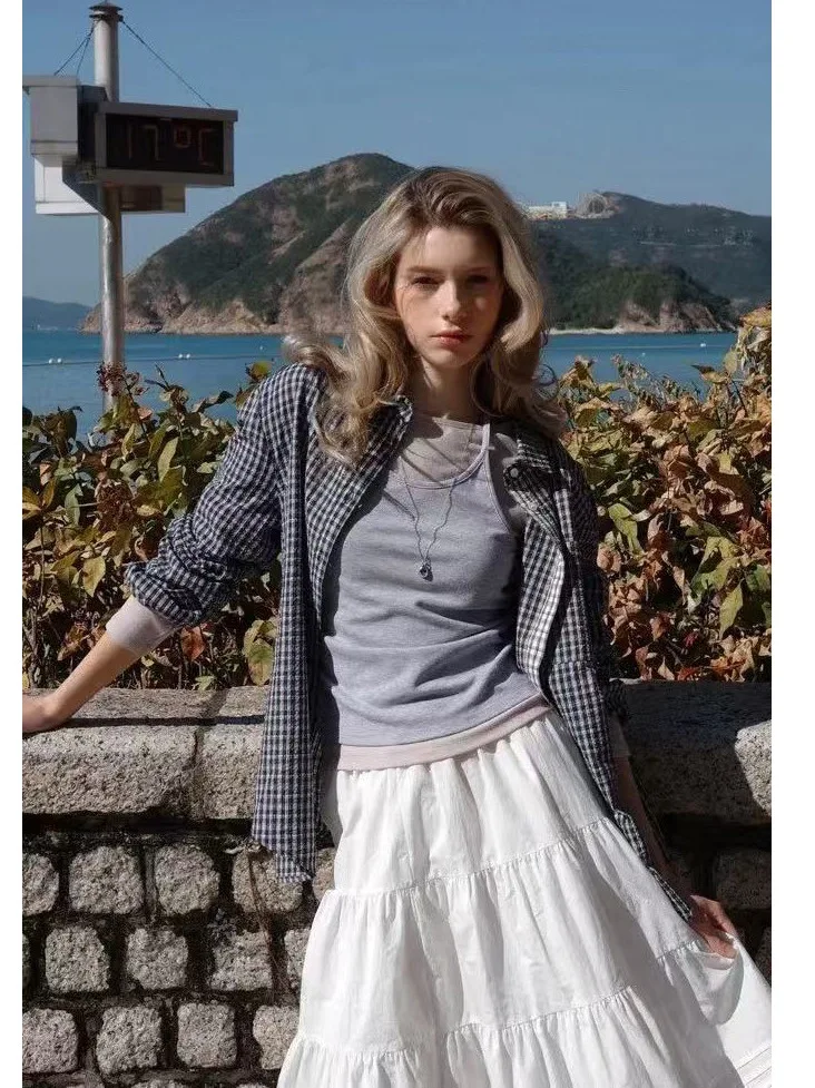 

Рубашка Letterfommoon, новинка весны 2026, с клетчатым воротником, в стиле колор-блок, корейский стиль, свободный крой, длинный рукав, хлопок