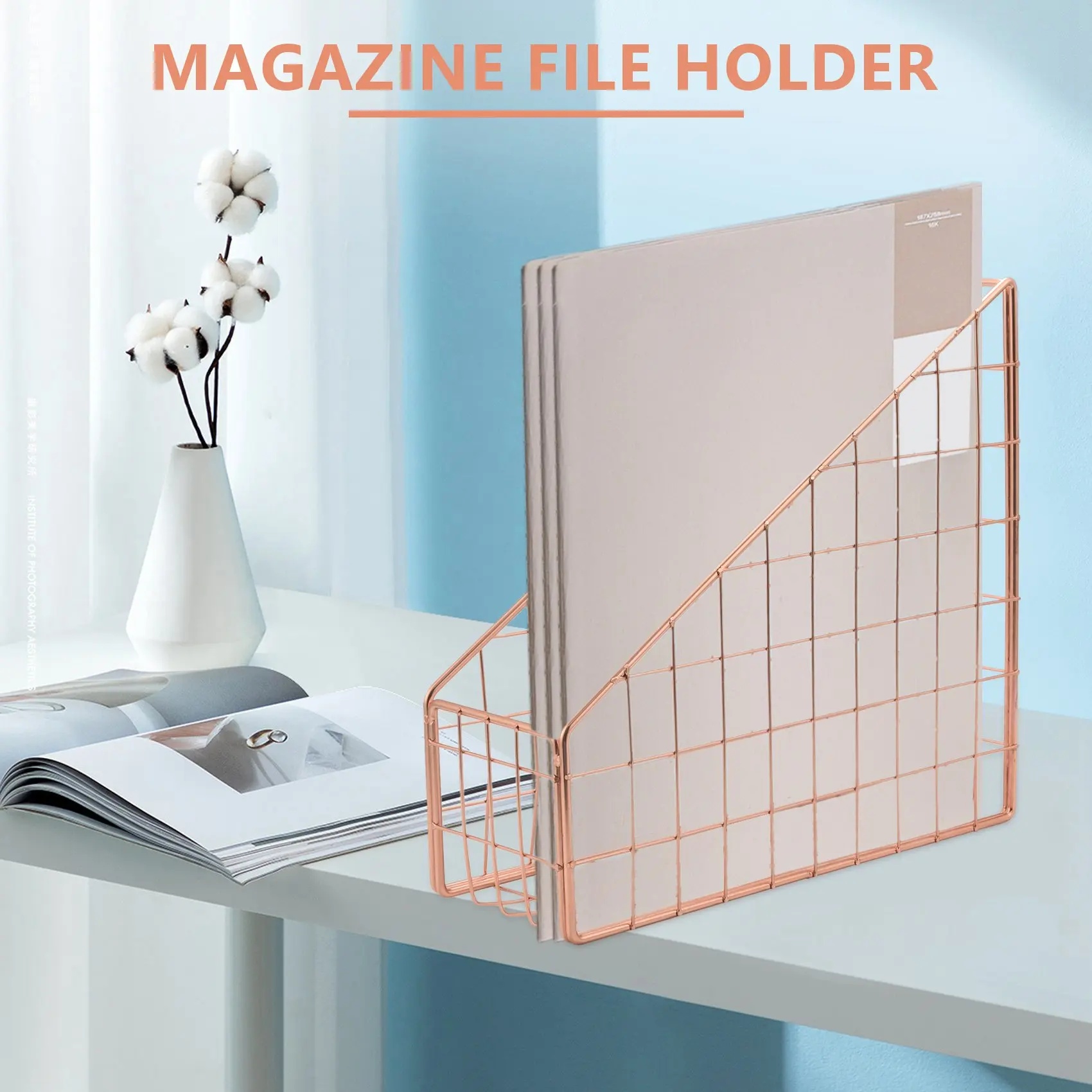 Imagem -02 - Galvanizado Ferro Titular do Livro Desktop Shelf File Revista Book Stand Office Home Papelaria Organizador Rose Gold Holder