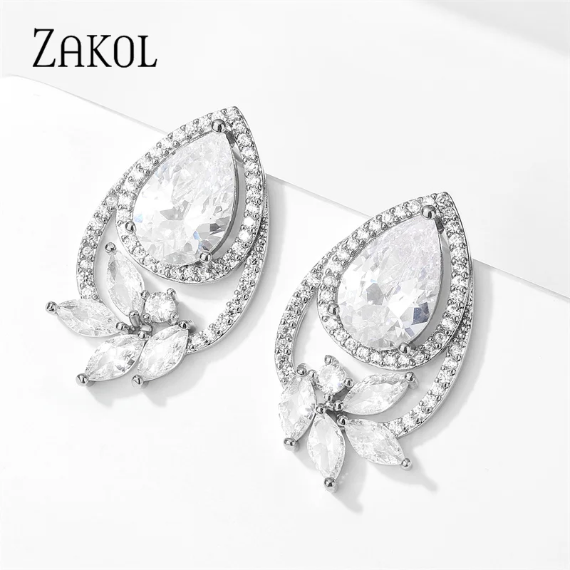 ZAKOL Fashion Water Drop Stud Earrings for Women Trendy Hollow Cubic Zirconia Girl Bridal Wedding Jewelry