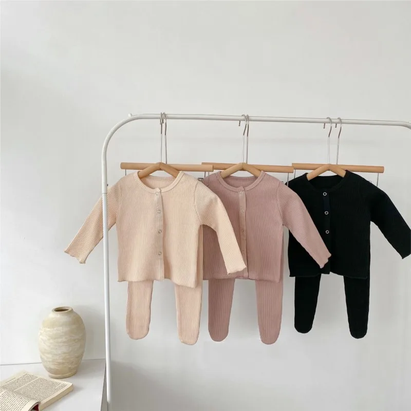 2024 Spring Baby Girls 2PCS Clothes Set Long Sleeve Ribbed Cardigan Coat Solid Cotton Soft Pantyhose Suit Infant Girls Outfits