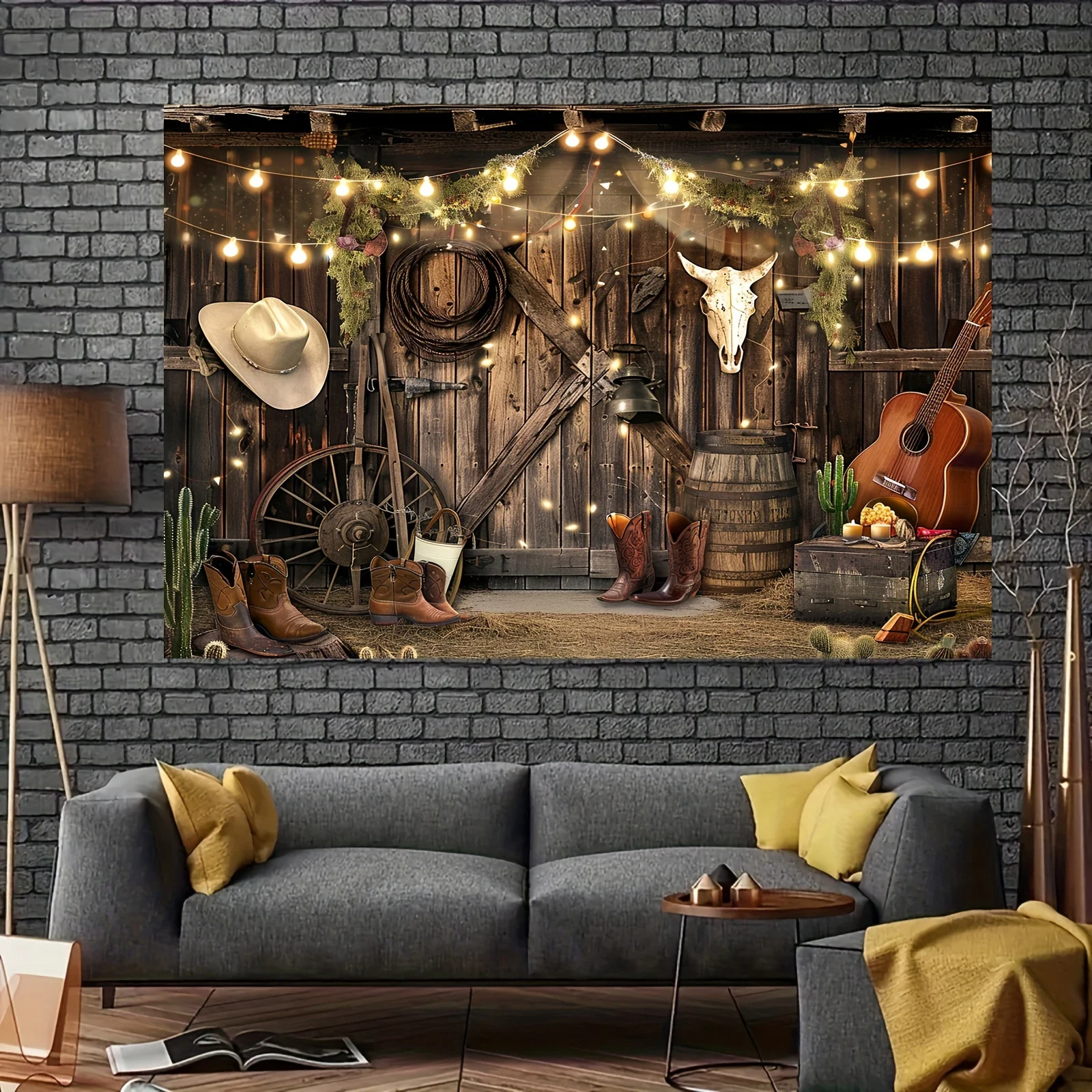 Cowboy themed Polyester background - rustic wooden doors and denim accessory party banners for birthdays, bachelorette parties