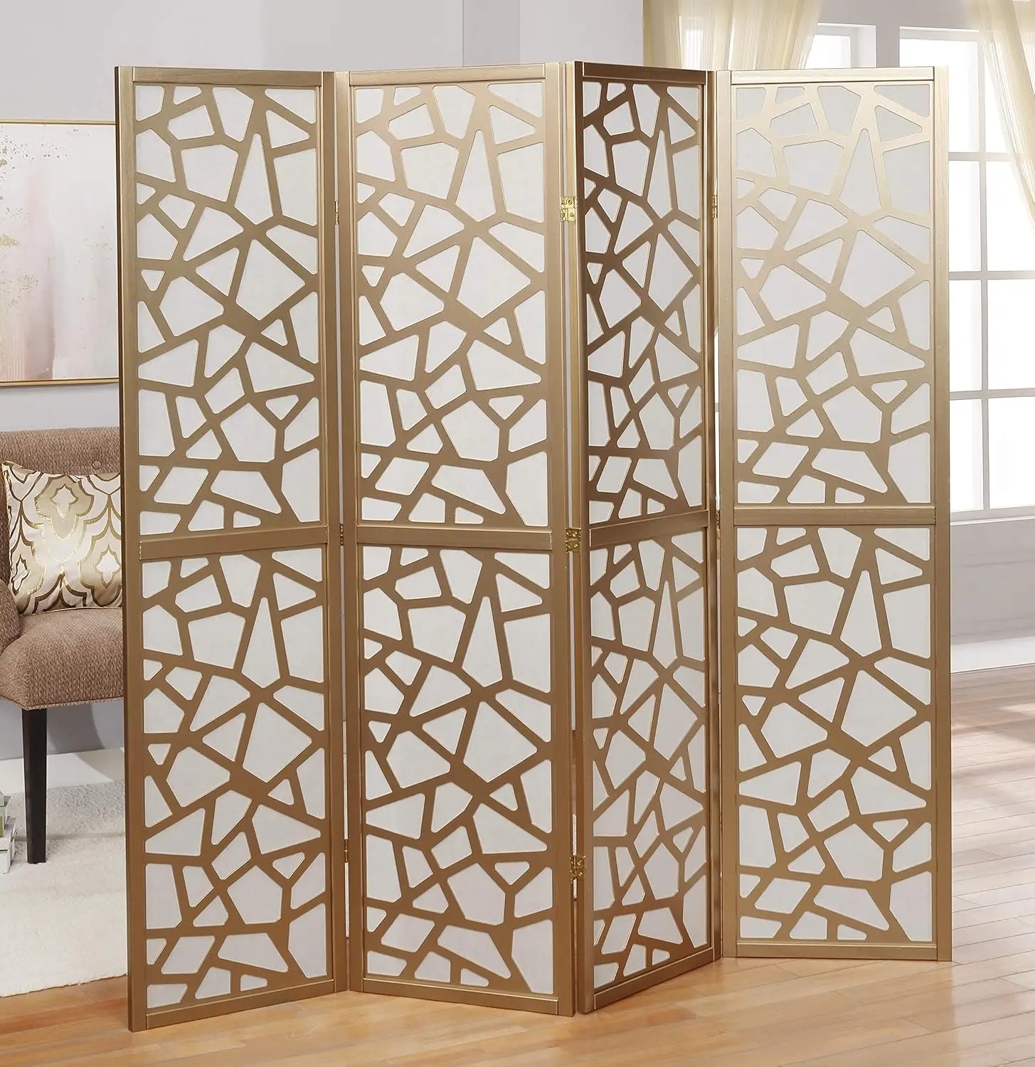 Giyano 4 Panel Screen Room Divider, Gold