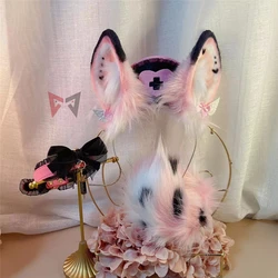 New Handmade Work Pink Bunny Rabbit Ears Hairhoop Nurse Hat Tail Necklace Earrings Cosplay Lolita Acessories Headwear