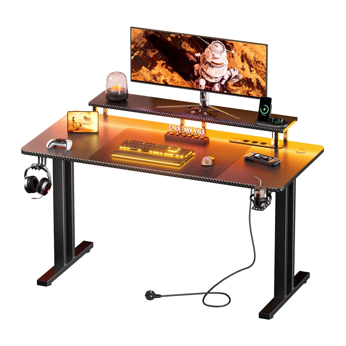 120/140/160CM Gaming-Schreibtisch mit LED-Beleuchtung & Steckdose, Ergonomischer Carbon-Faser-Computertisch mit Doppelmonitorständer, Getränkehalter & Kopfhörerhalterung, Home-Office-Gaming-Tisch
