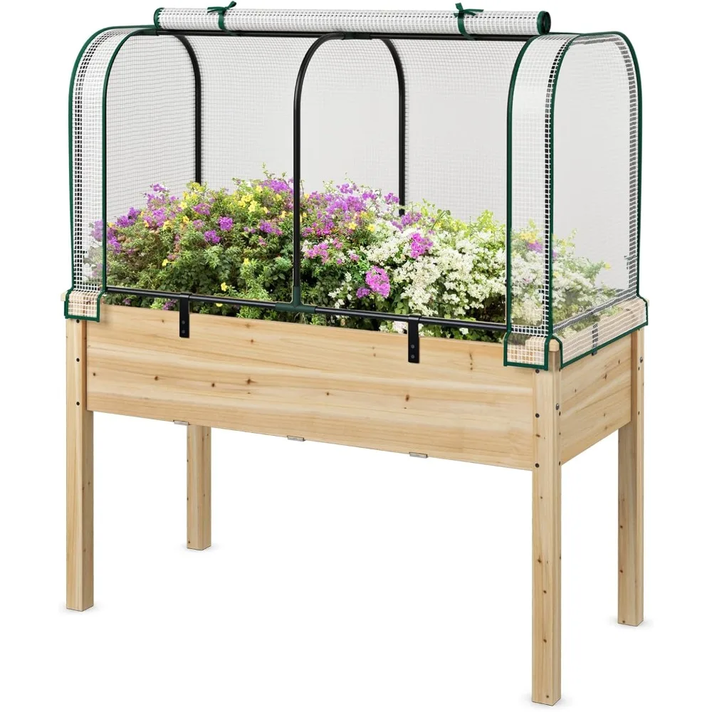 

Raised Garden Bed with Greenhouse Cover, Raised Bed with Legs & Drainage Holes for Herbs, Vegetables, Outdoor Wood