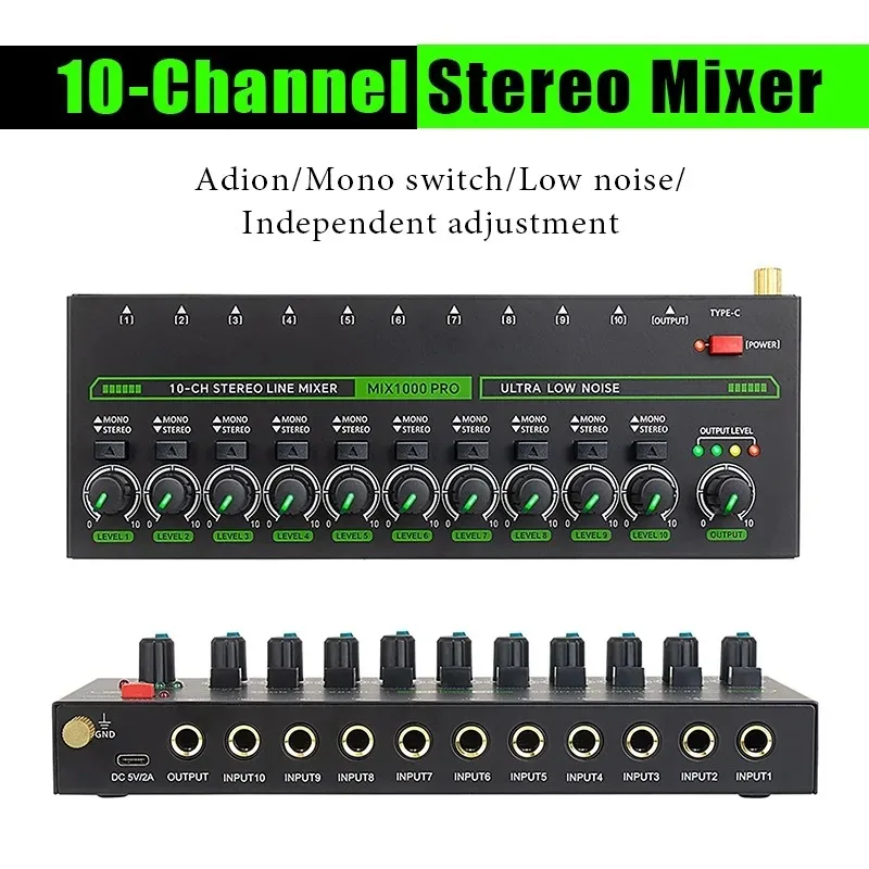 

Ultra Low Noise 10 Channel Line Mixer Mini Sound Mixer Power Supply DC 5V Easy Operation Audios Mixer with RGB Lighting