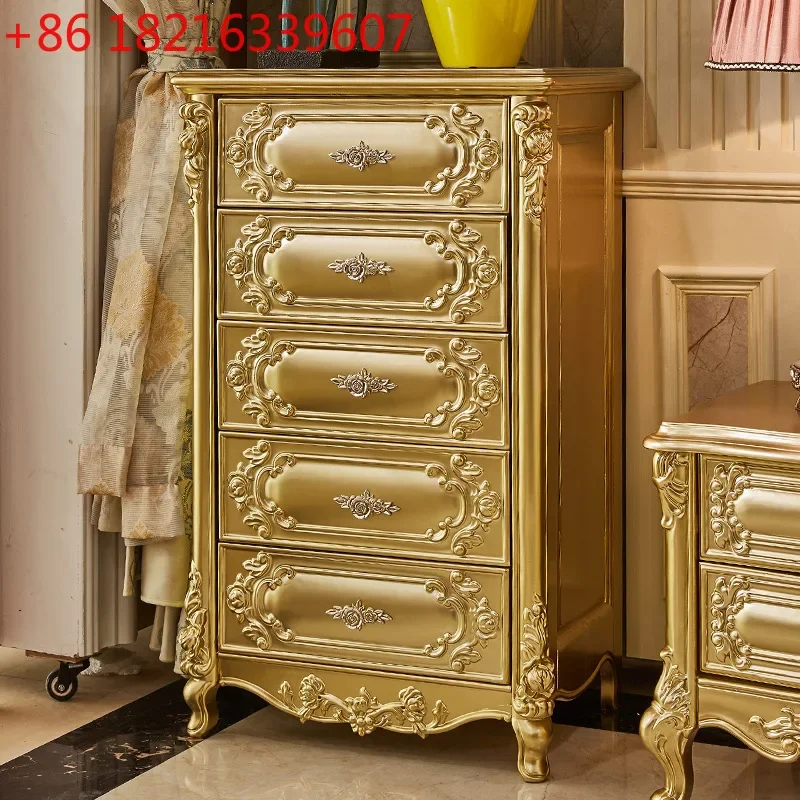 

European champagne gold solid wood chest, bedroom, living room storage, French floor-to-ceiling side cabinet storage