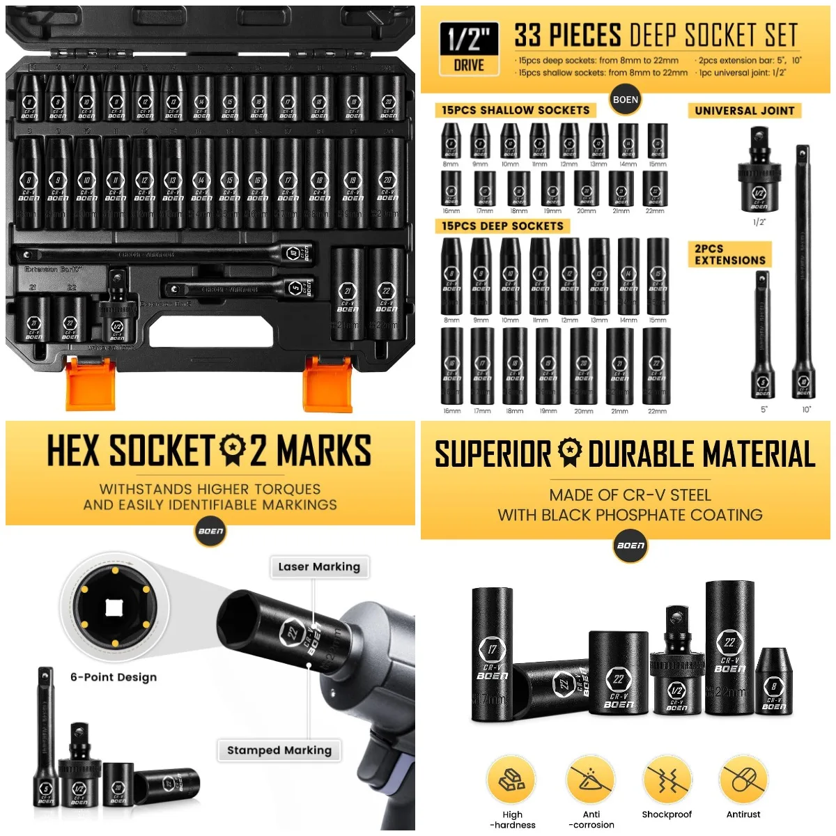 

Набор ударных головок привода 1/2 дюйма, метрическая 33 предмета, 8–22 мм, включает удлинитель и универсальный шарнир, 6-точечный, сталь Cr-V