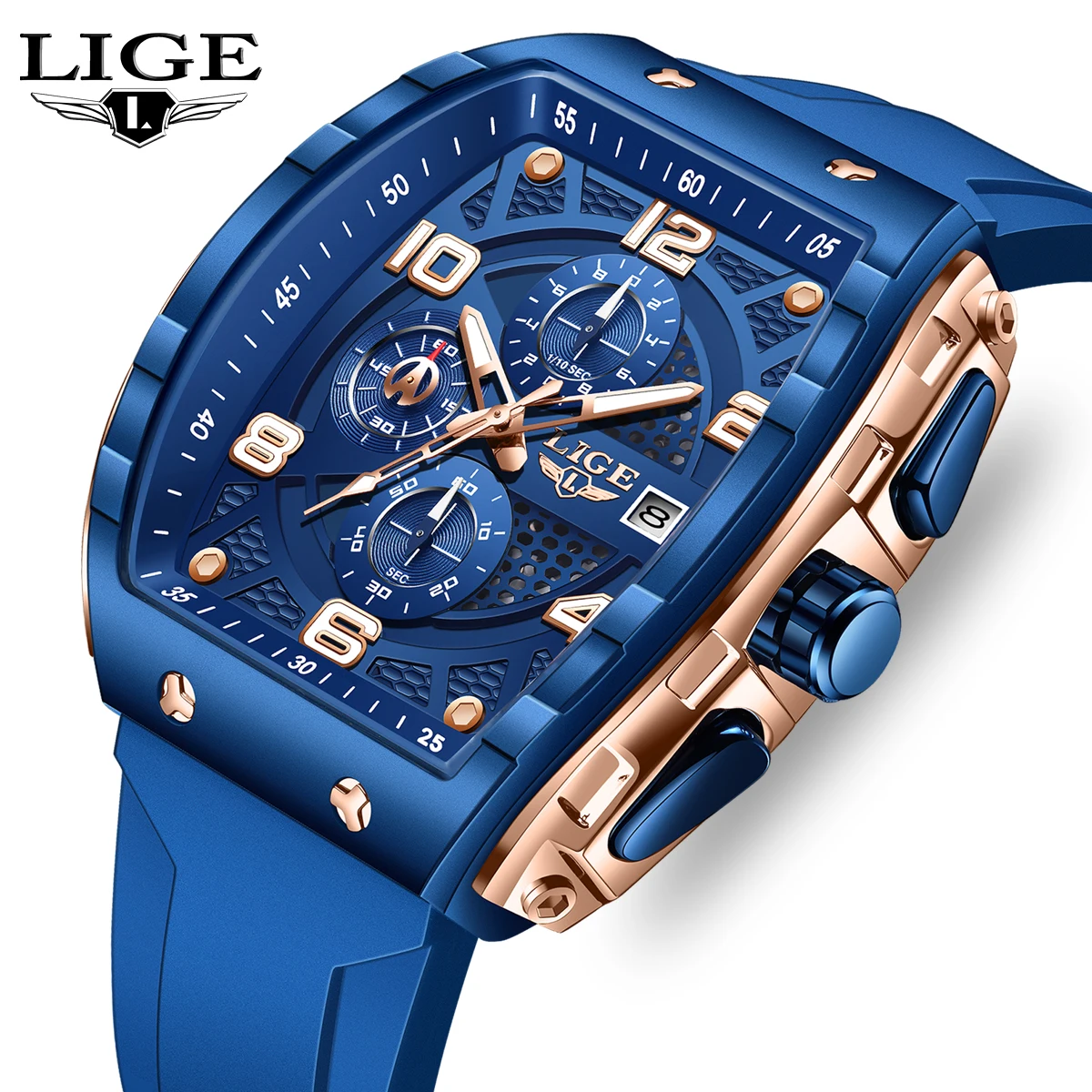 

Мужские силиконовые часы LIGE, лучшие брендовые, роскошные, квадратные, кварцевые, водонепроницаемые, светящиеся, с хронографом, с функцией отображения даты.