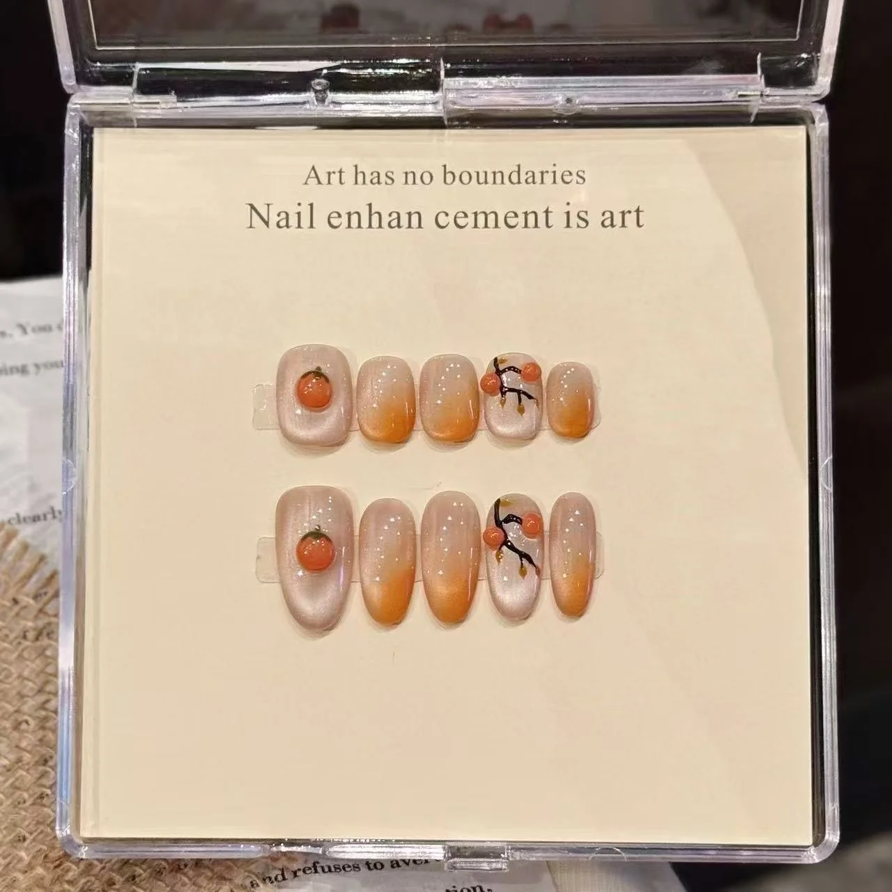 10 Stück reine handgepresste ovale/quadratische runde Nagelkunst, schöne künstliche Nägel, Persimmon Ruyi, sanfter Cat-Eye-Ins-Stil, geeignet für Frauen