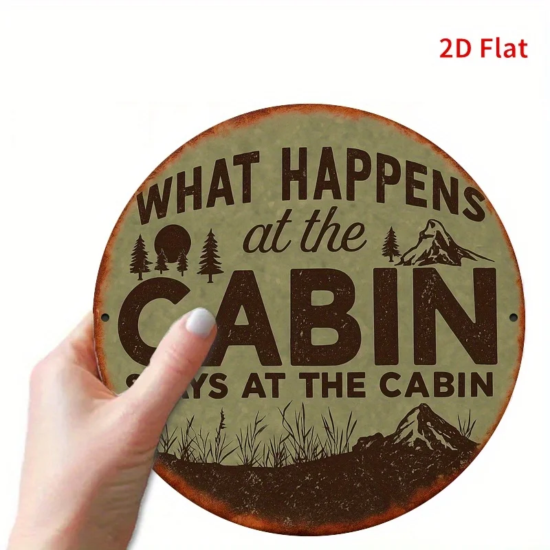 مسطح ثنائي الأبعاد، قطعة واحدة من فن الحائط للمقصورة الريفية - "ماذا يحدث في المقصورة يبقى في المقصورة" علامة حديدية بتصميم جبل وشجرة صنوبر #4