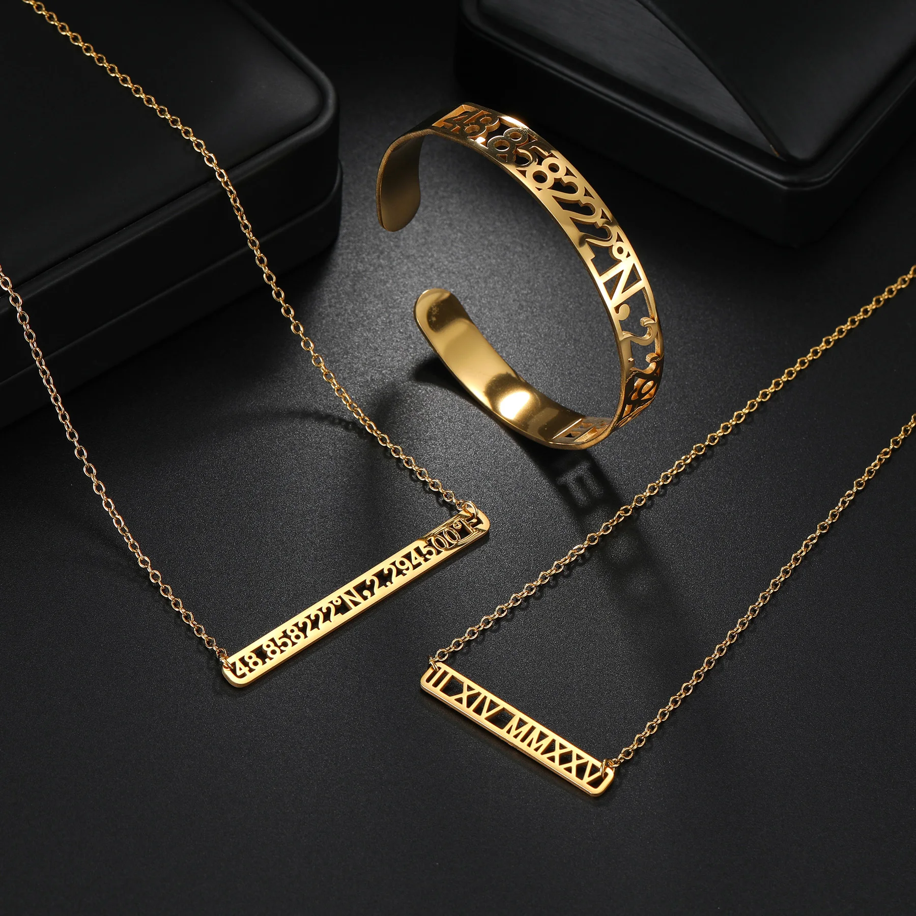 Nextvance Custom Address Coordinate Necklace Bangle Stainless Steel Roman Numbers Jewelry Set For Women Valentine's Day Gifts