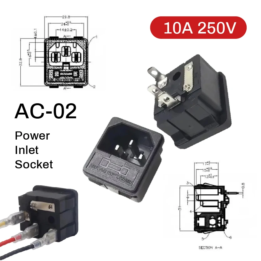 

IEC Fused Inlet Socket AC-02 10A 250V 3 Pin Male Power Connector for Chassis Panel Mount C13