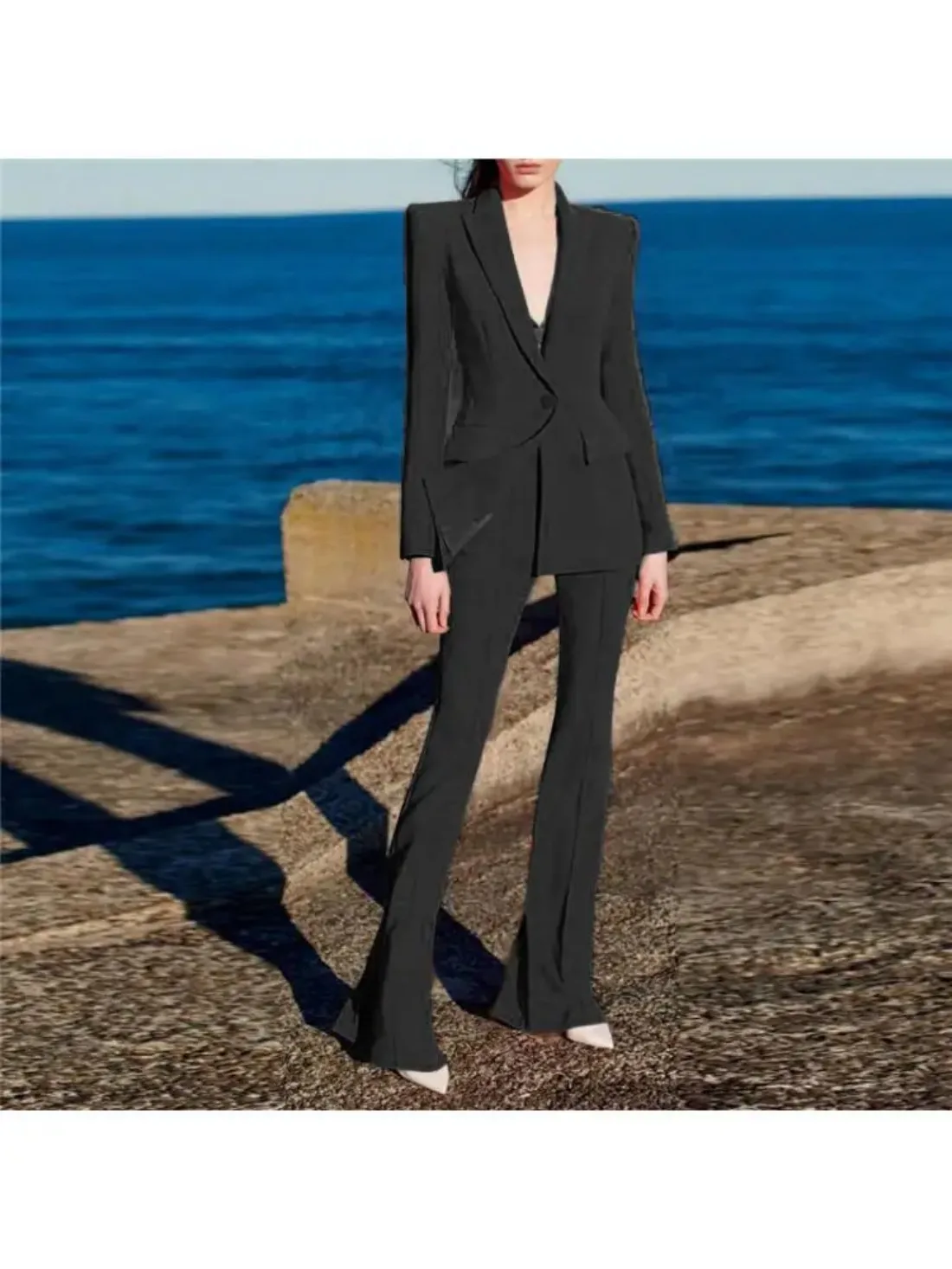 Summer Fashion Business Wear Fashion Elegant One Button Suit And Flared Trousers Pants Sets For Women 2 Pieces Casual Customized