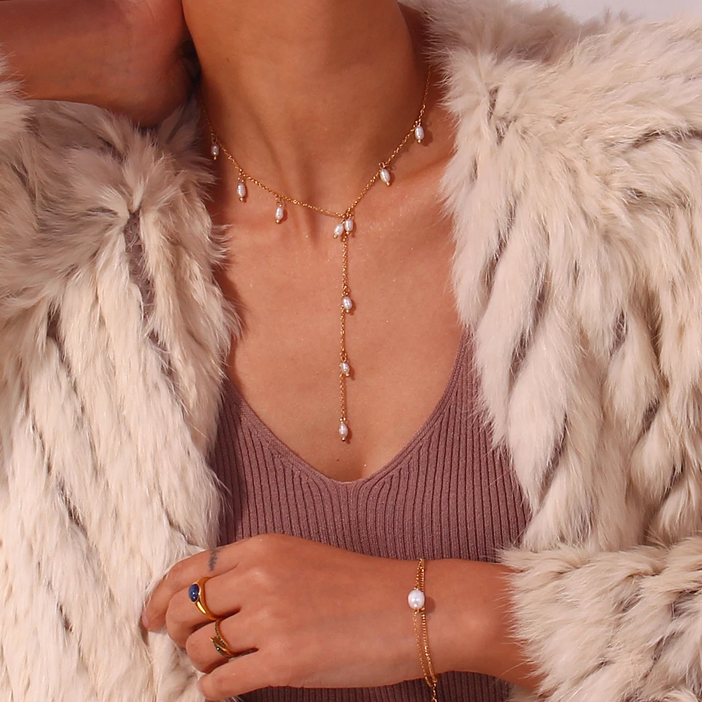 E. b. Belle Süßwasser perle Quaste y-förmige Schlüsselbein Halsketten Luxus Edelstahl Schmuck am Hals Accessoires für Frauen – Detail 7