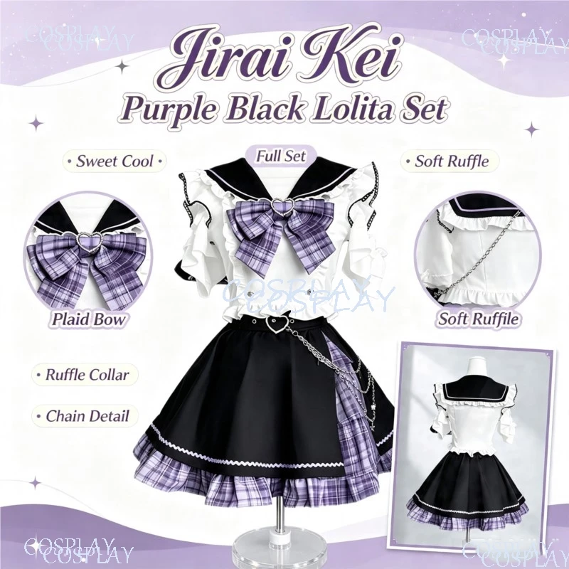 Japanisches Jirai Kei lila karierter Rock mit Schleifenbluse, 2-teiliges Set, Sommer-Anime-Idol-Kostüm, Halloween-Maskerade-Cosplay-Outfit