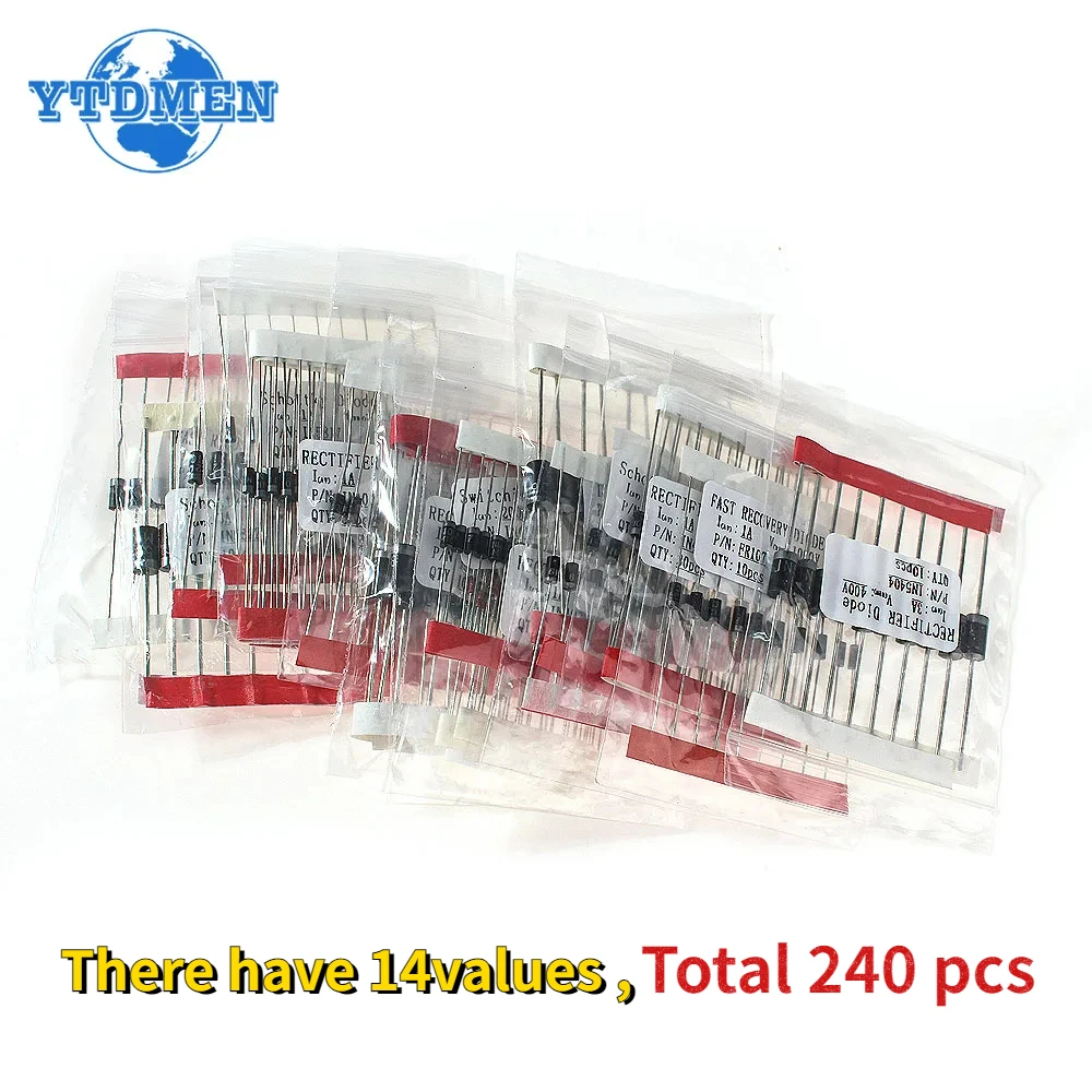 240PCS 14values Schottky Rectifier Diode Kit 1N4148 1N4001 1N4004 1N4007 1N5817 1N5819 1N5404 1N5406 1N5408 FR107 Fast Switching