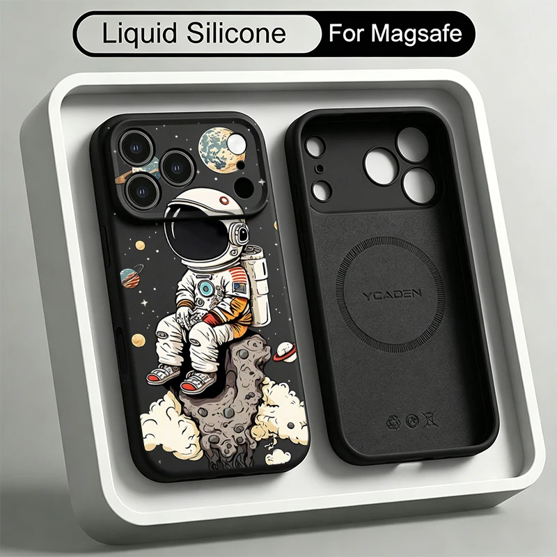 Magnetische Handyhülle aus flüssigem Silikon für iPhone 18, 17 Pro Max, 16, 15, 14, 13 Pro Max, mit Magsafe-fähigem Cartoon-Astronauten-Design, weiche Hülle.