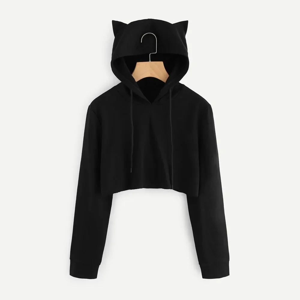 

Womens Cat Ear Long Sleeve Hoodie Sweatshirt Hooded Pullover Tops Blouse Solid Color Short Paragraph Cute Hoodies Moletom Femini