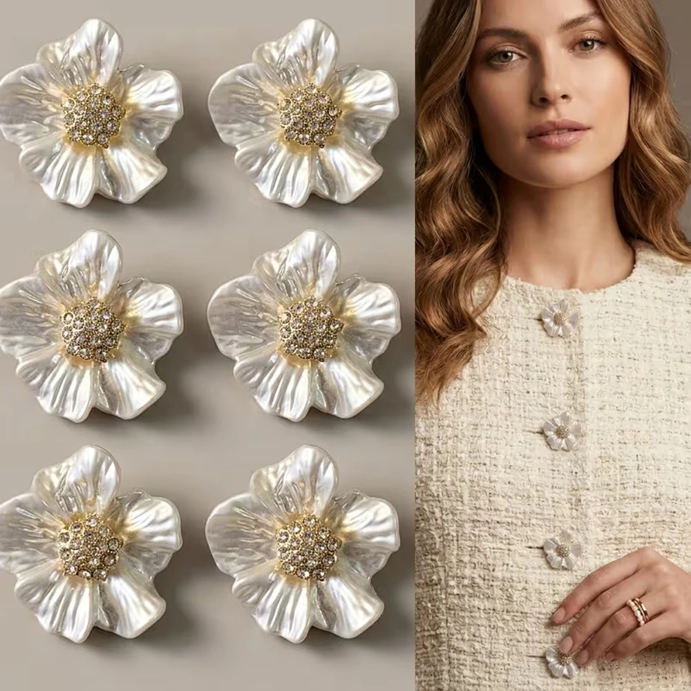 Set of 6 Creative Floral Irregular Metal Buttons, French Vintage Iridescent Pearl Rhinestone Camellia Decorative Buttons, Suitable for Socialite Style Chanel-Style Jackets, Vest Placket Fasteners, High-End Fashion Clothing Collar and Cuff Accessories, DIY Art Materials for Making 3D Button Art