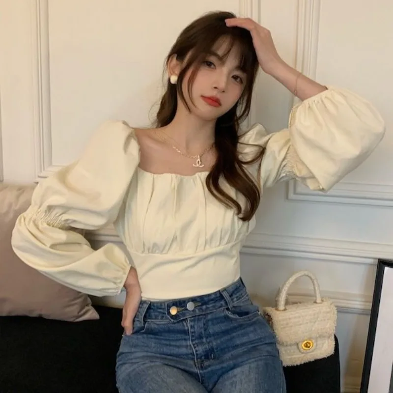 Back-bow Blouses Women Spring Chic Cropped Simple Solid Hot Sale Feminine Korean Style Leisure Streetwear Basic Mujer Blusas Ins