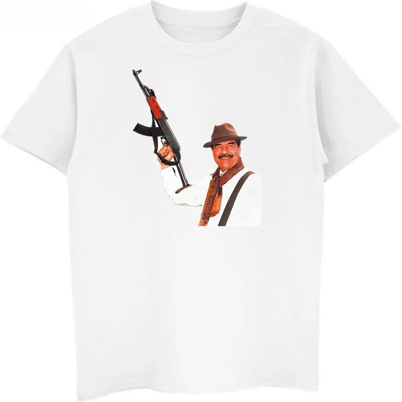 heavyweight Informal Saddam Hussein AK-47 Print 41 Shirt Iraq Army Armed Forces  Men Short Sleeve O-neck Shirt Cool Tees Tops