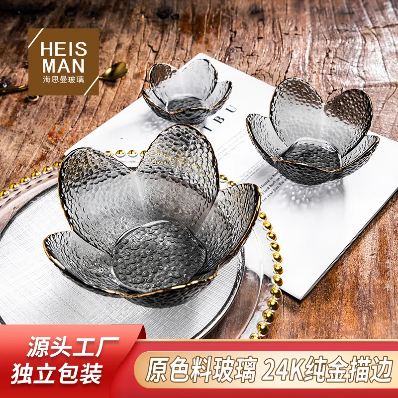 وعاء بتلة بحدود ذهبية ، نمط مطرقة ، وعاء زجاجي بقوس قزح ، وعاء سلطة خضروات منزلي ، طبق فواكه ، إبداعي مذابل