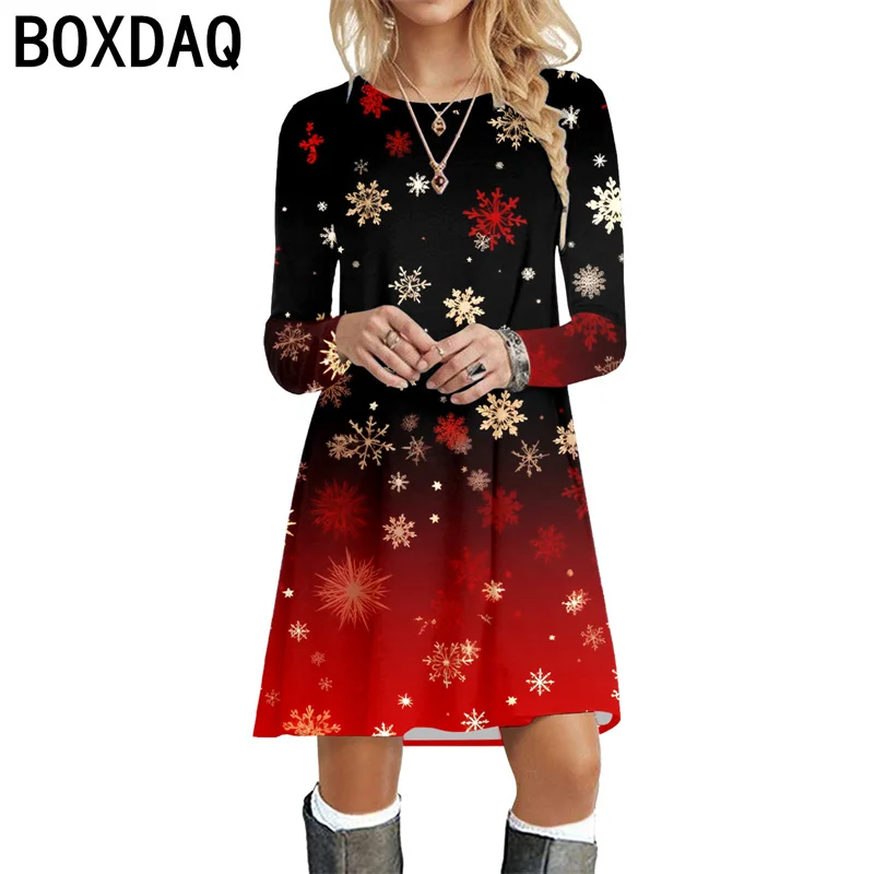 New Women's Christmas Dress Autumn Plus Size Long Sleeved Round Neck Casual A-Line Dress 3D Cartoon Christmas Deer Dress