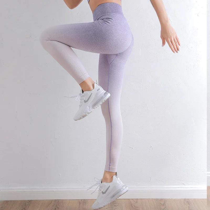 Fashion Gradient Leggings Women Seamless Knit Fitness Elastic High Waist Hip Lift Gym Trainning Running Skinny Sports Yoga Pants