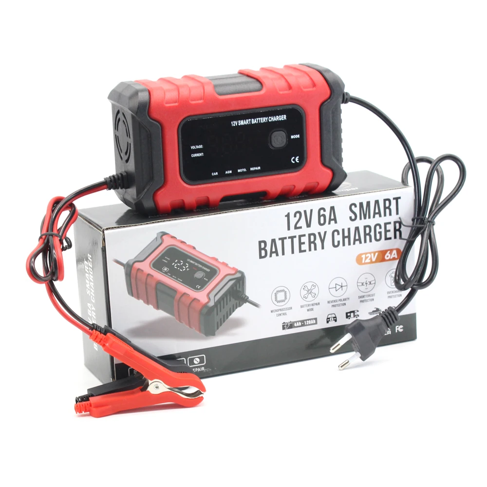 FOXSUR 12V 6A Smart Battery Charger with LED Display, Motorcycle & Car Battery Charger 12V AGM GEL WET Lead Acid Battery Charger